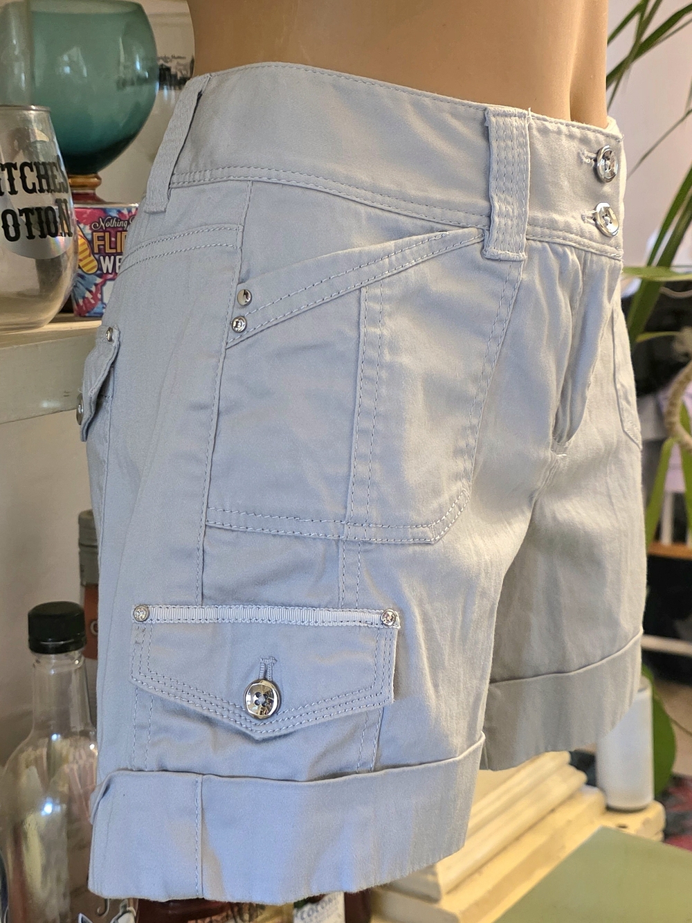 White House Black Market Chino Shorts Women's Sz 0 Light Grey Rhinestone Accents